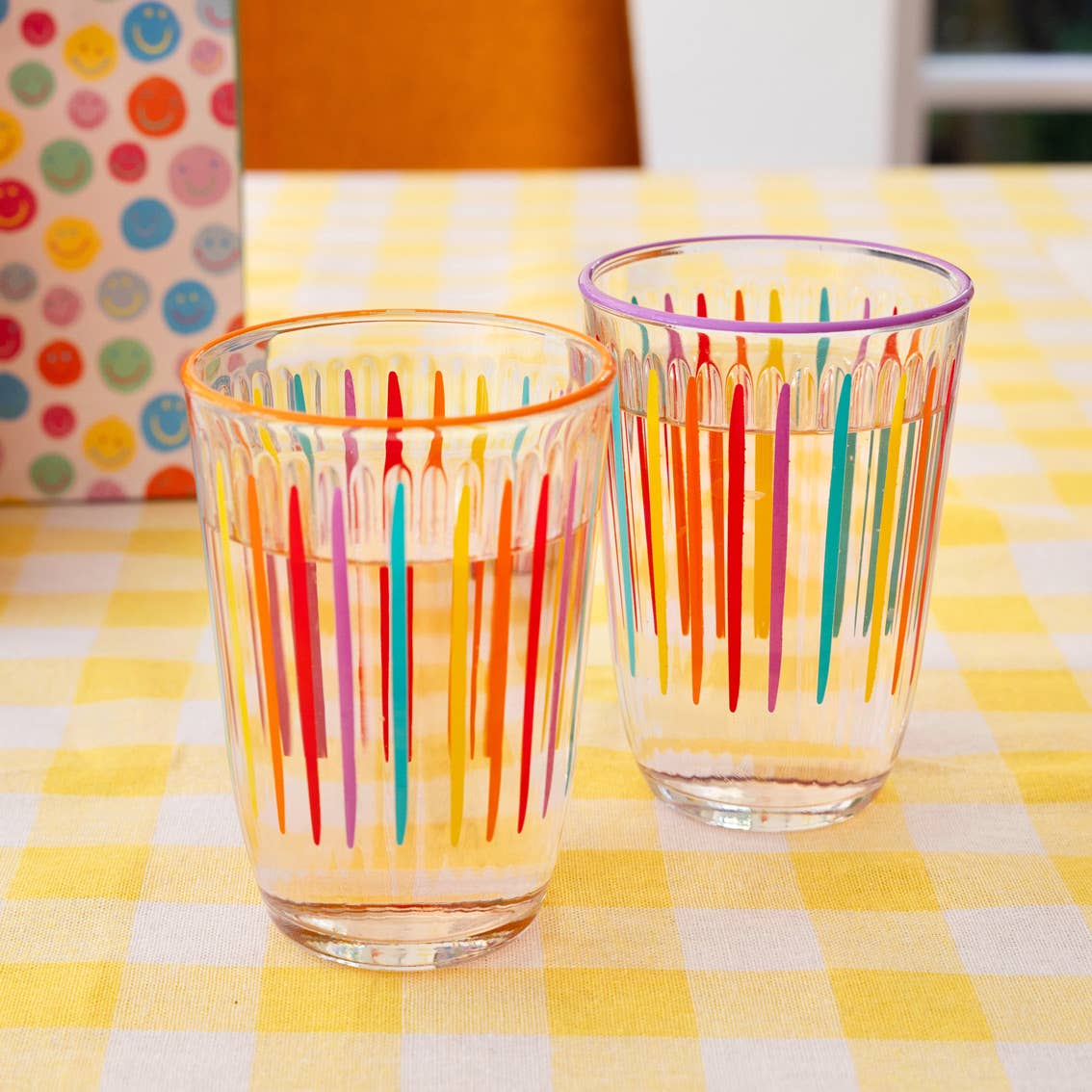 Bright Multi-Coloured Striped Tall Glass Tumblers | Summer |