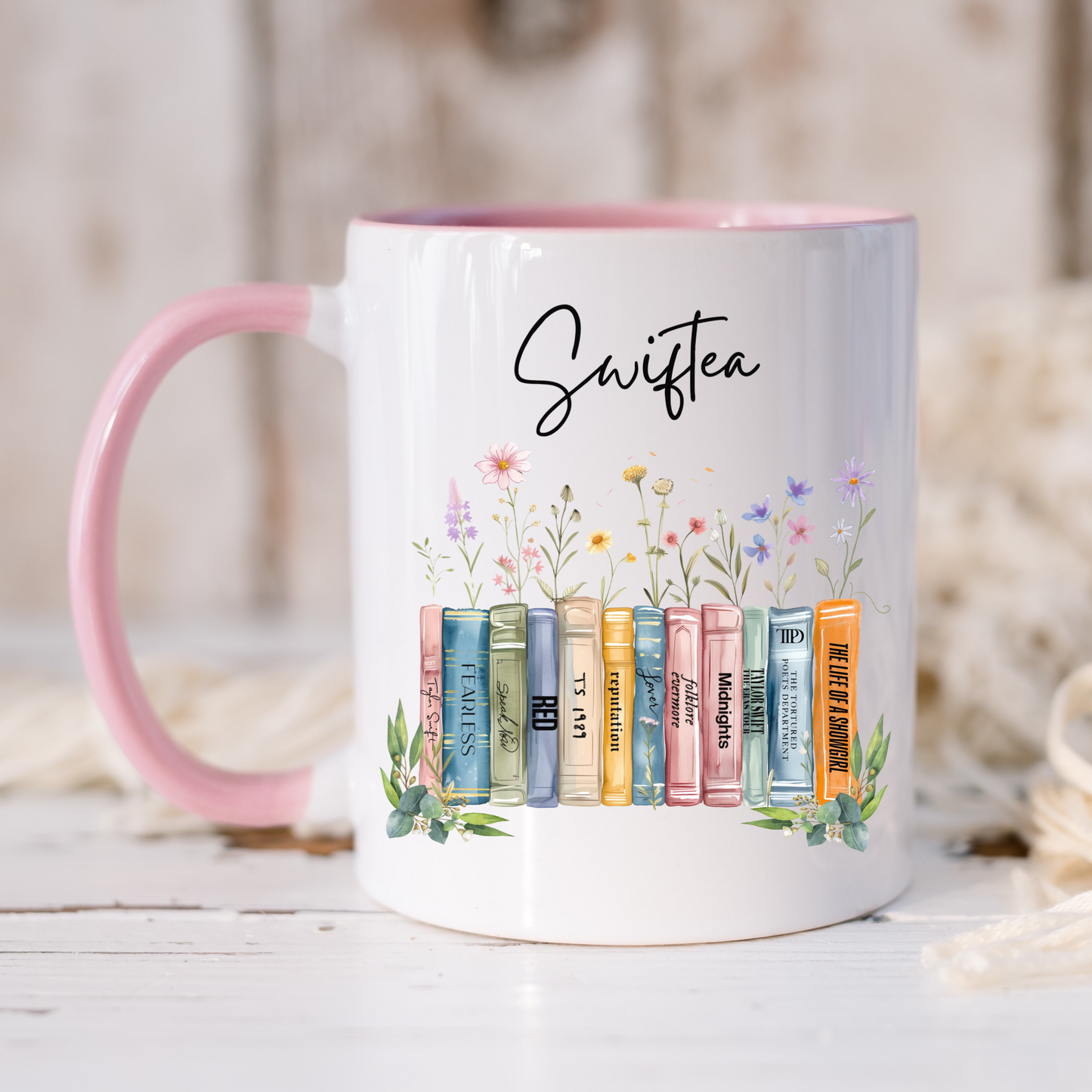 TS12 Showgirl Wildflower albums as books mug with pink handle