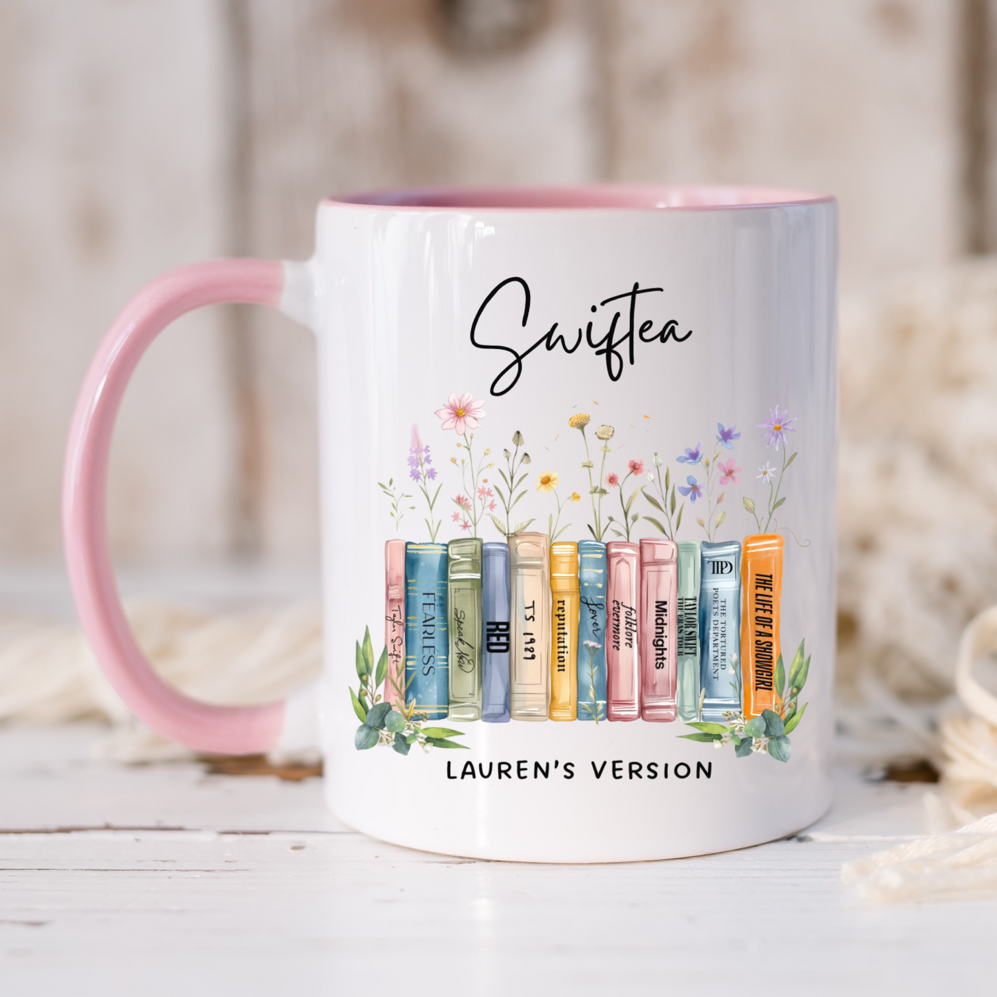 TS12 Showgirl Wildflower albums as books mug with pink handle