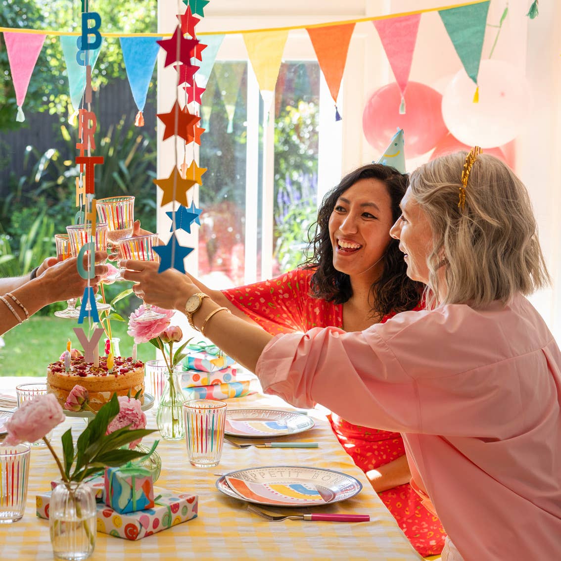 Bright Multi-Coloured Striped Tall Glass Tumblers | Summer |