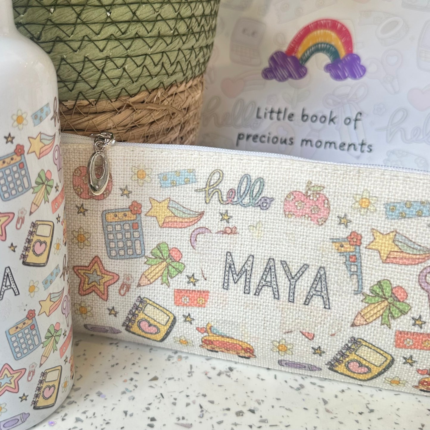 Linen personalised school icons pencil case