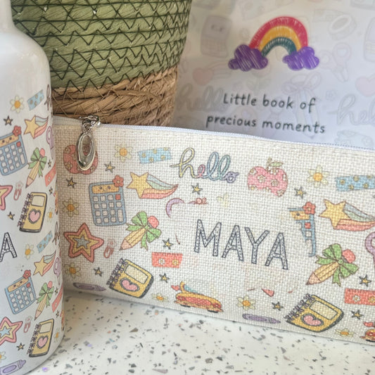 Linen personalised school icons pencil case
