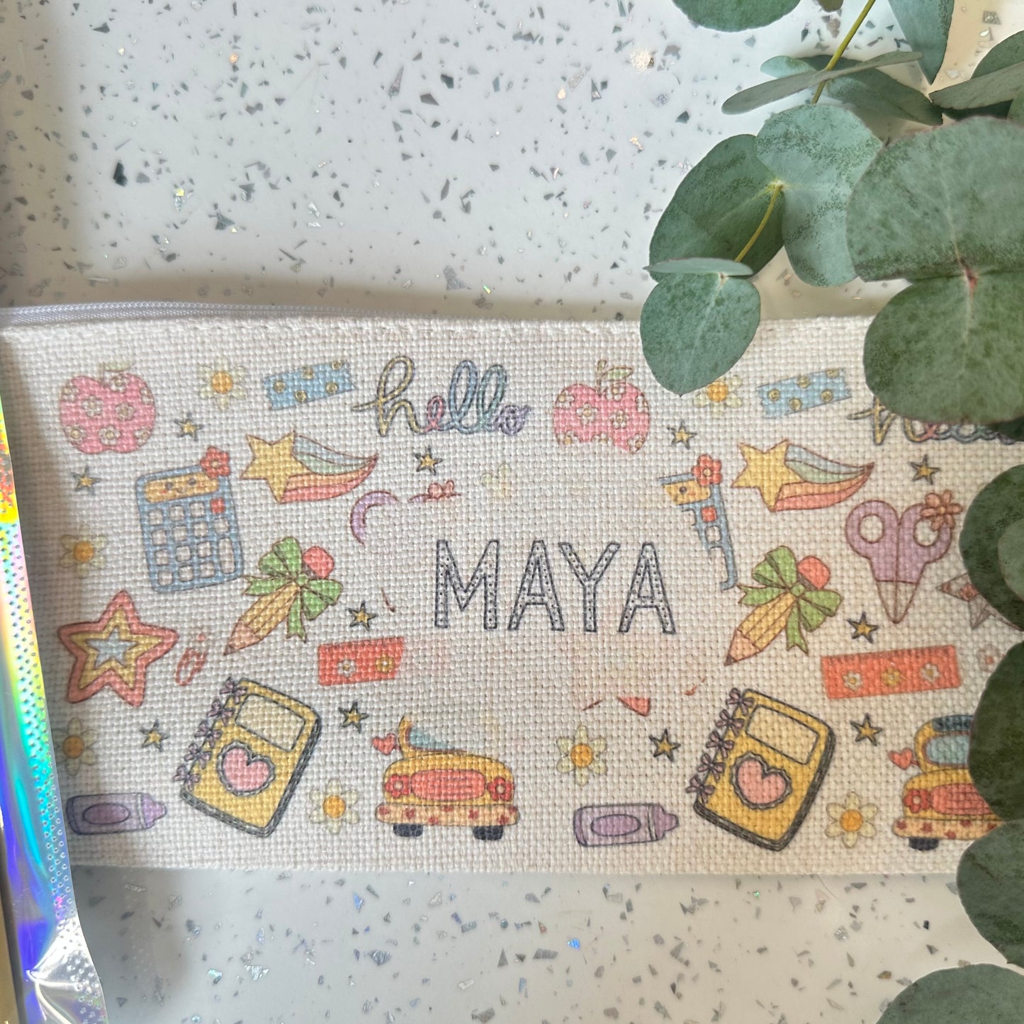 Linen personalised school icons pencil case
