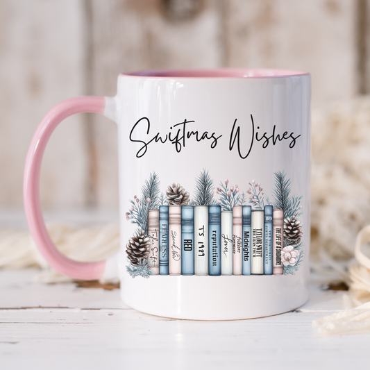 Swiftmas Wishes winter albums as books mug with purple handle